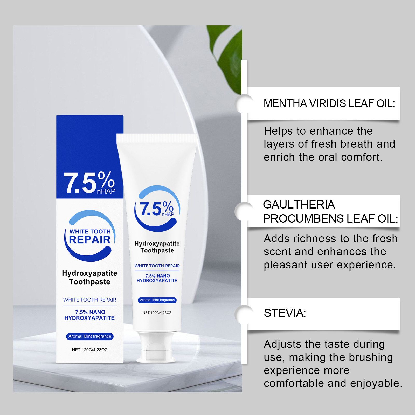 7.5% 하이드록시아파타이트 페퍼민트 치약 치아 미백  - Teeth Whitening Foam Toothpaste 리뷰 및 가격