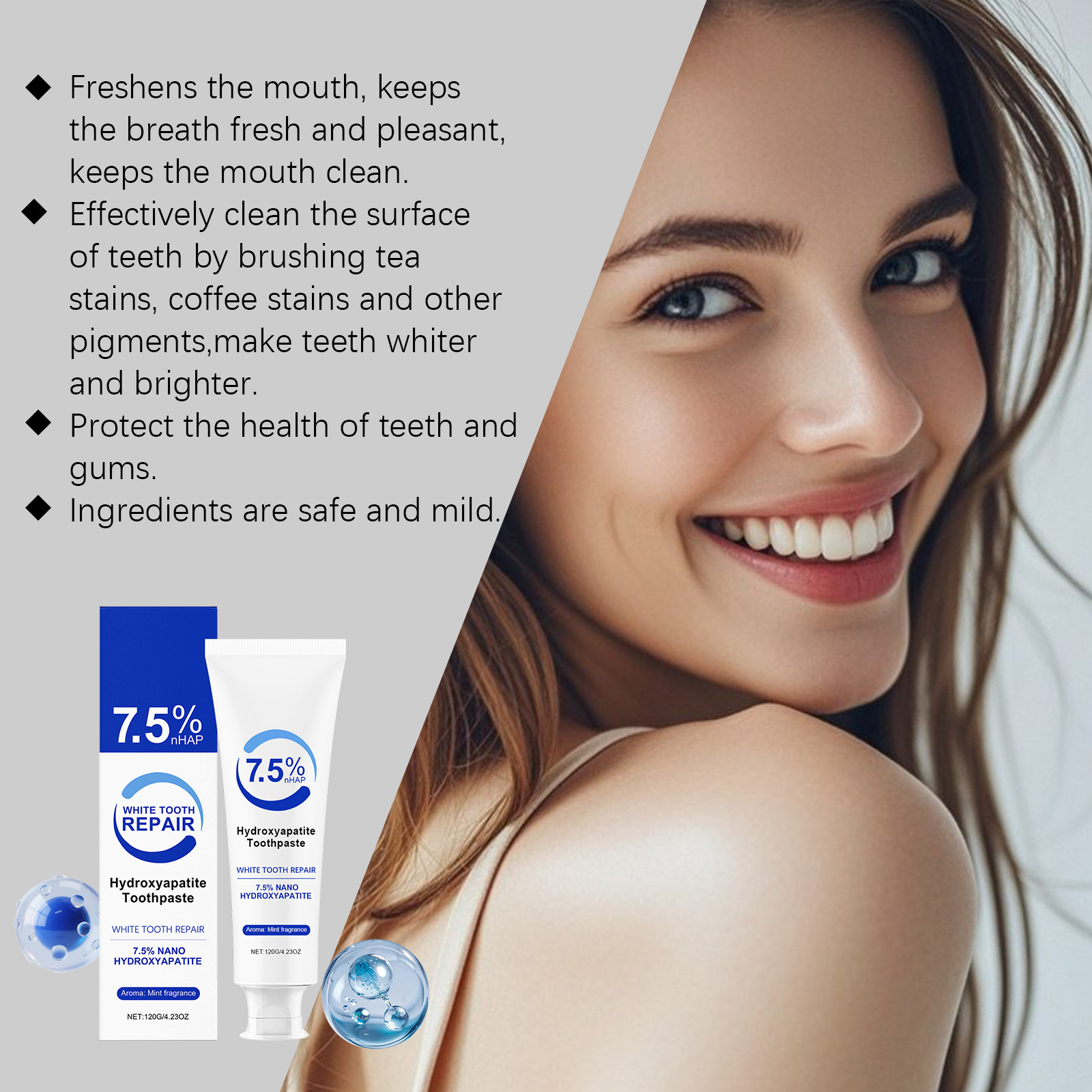 7.5% 하이드록시아파타이트 페퍼민트 치약 치아 미백  - Teeth Whitening Foam Toothpaste 리뷰 및 가격